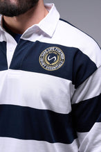 Detail Front View Of Long Sleeve Rugby Shirt in Navy and White Stripe Color