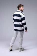 Back View Of Long Sleeve Rugby Shirt in Navy and White Stripe Color