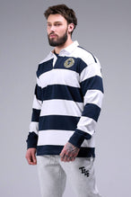 Front View Of Long Sleeve Rugby Shirt in Navy and White Stripe Color