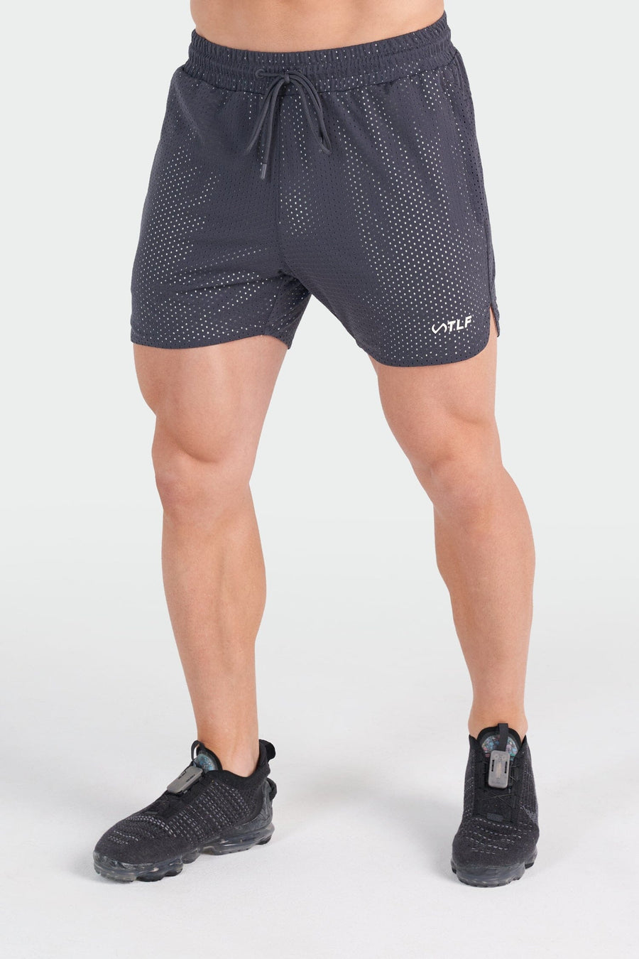 Front View of Onyx Gray Reps Mesh 5 Inch Fitted Shorts