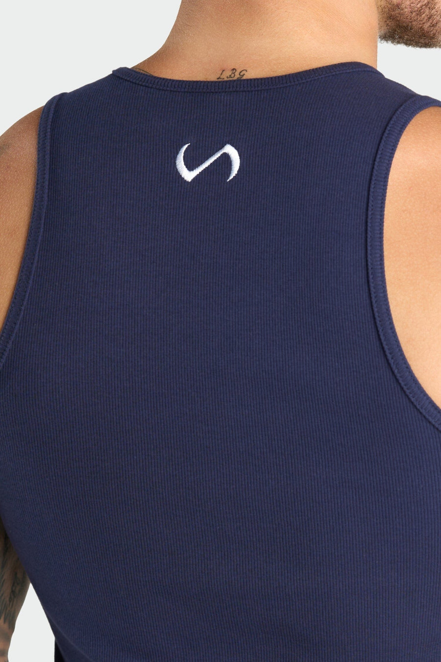 Back View of Deep Navy Icon Ribbed Relaxed Fit Tank