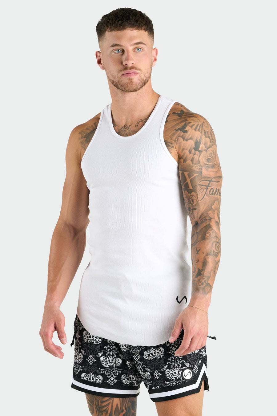 Front View of White Icon Ribbed Relaxed Fit Tank