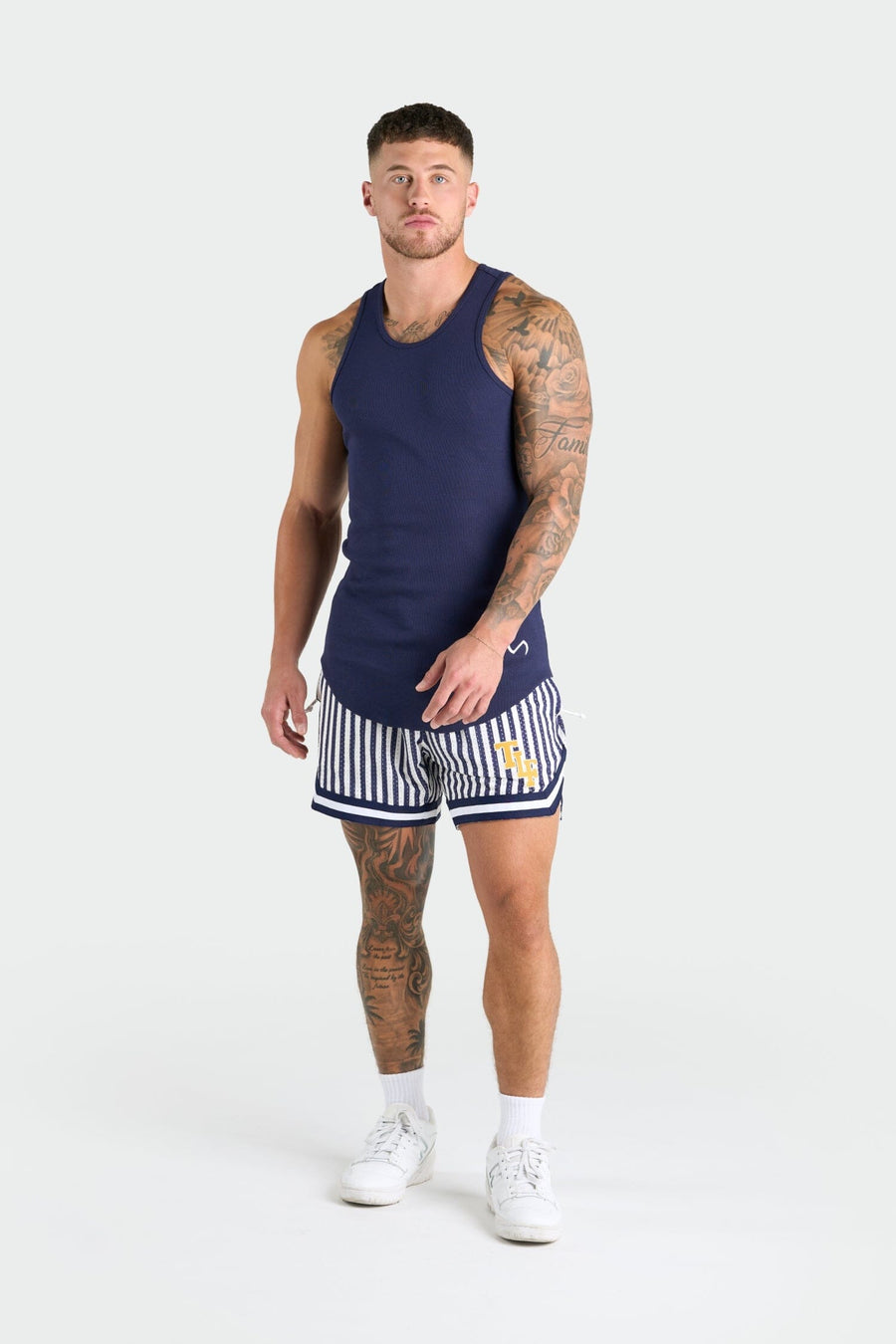 Front View of Deep Navy Icon Ribbed Relaxed Fit Tank