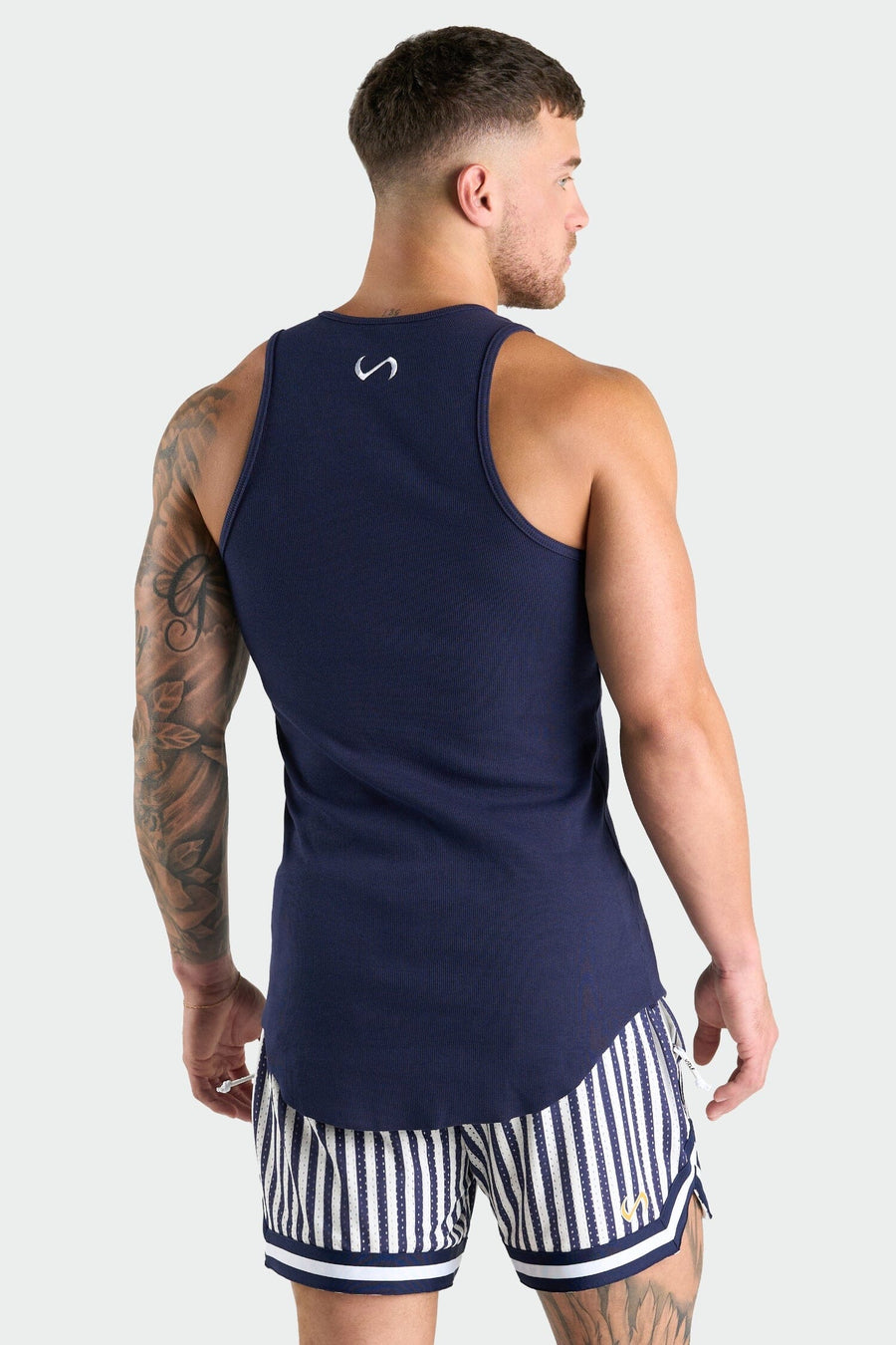 Back View of Deep Navy Icon Ribbed Relaxed Fit Tank