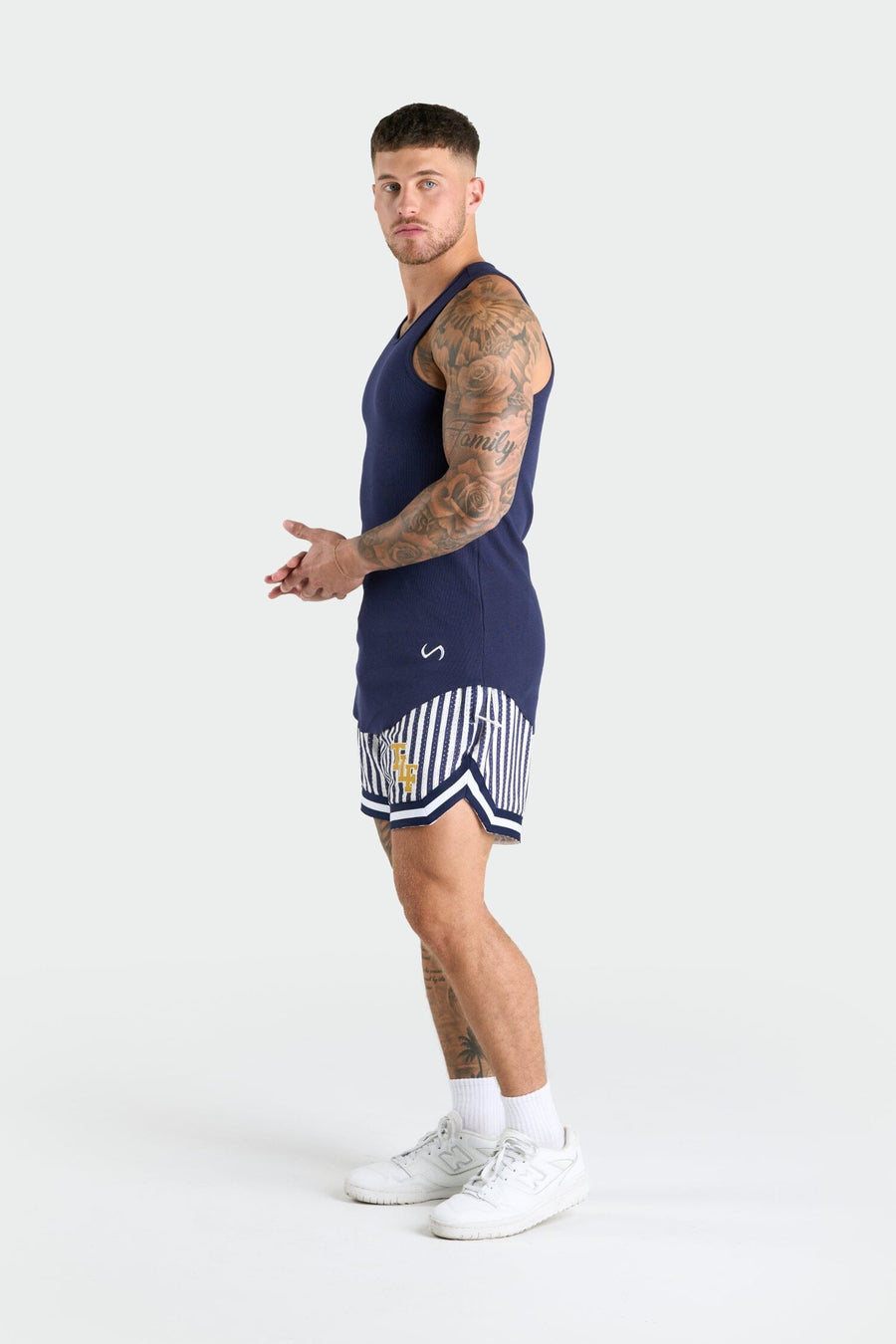 Front View of Deep Navy Icon Ribbed Relaxed Fit Tank