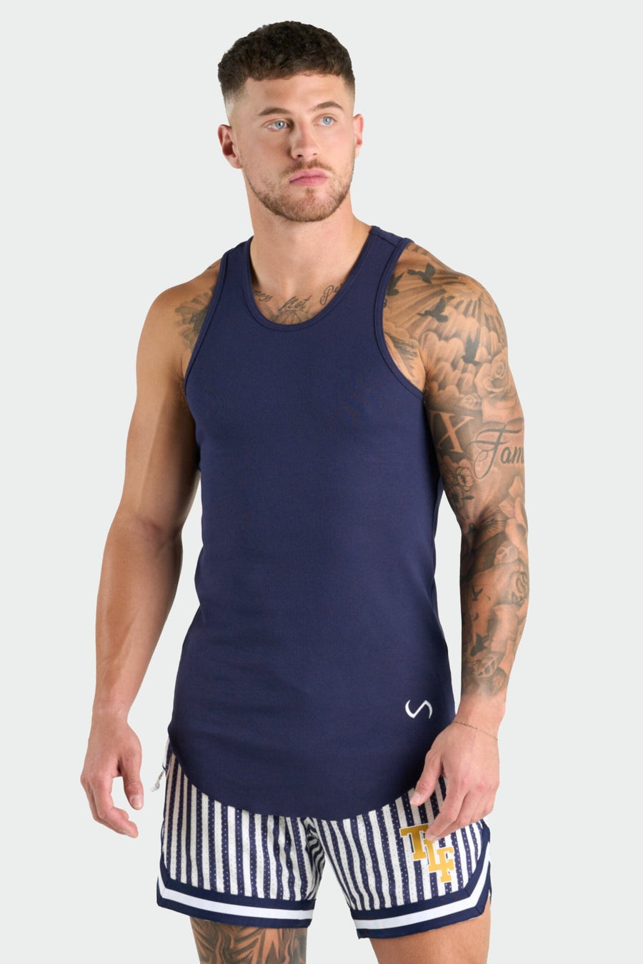 Front View of Deep Navy Icon Ribbed Relaxed Fit Tank