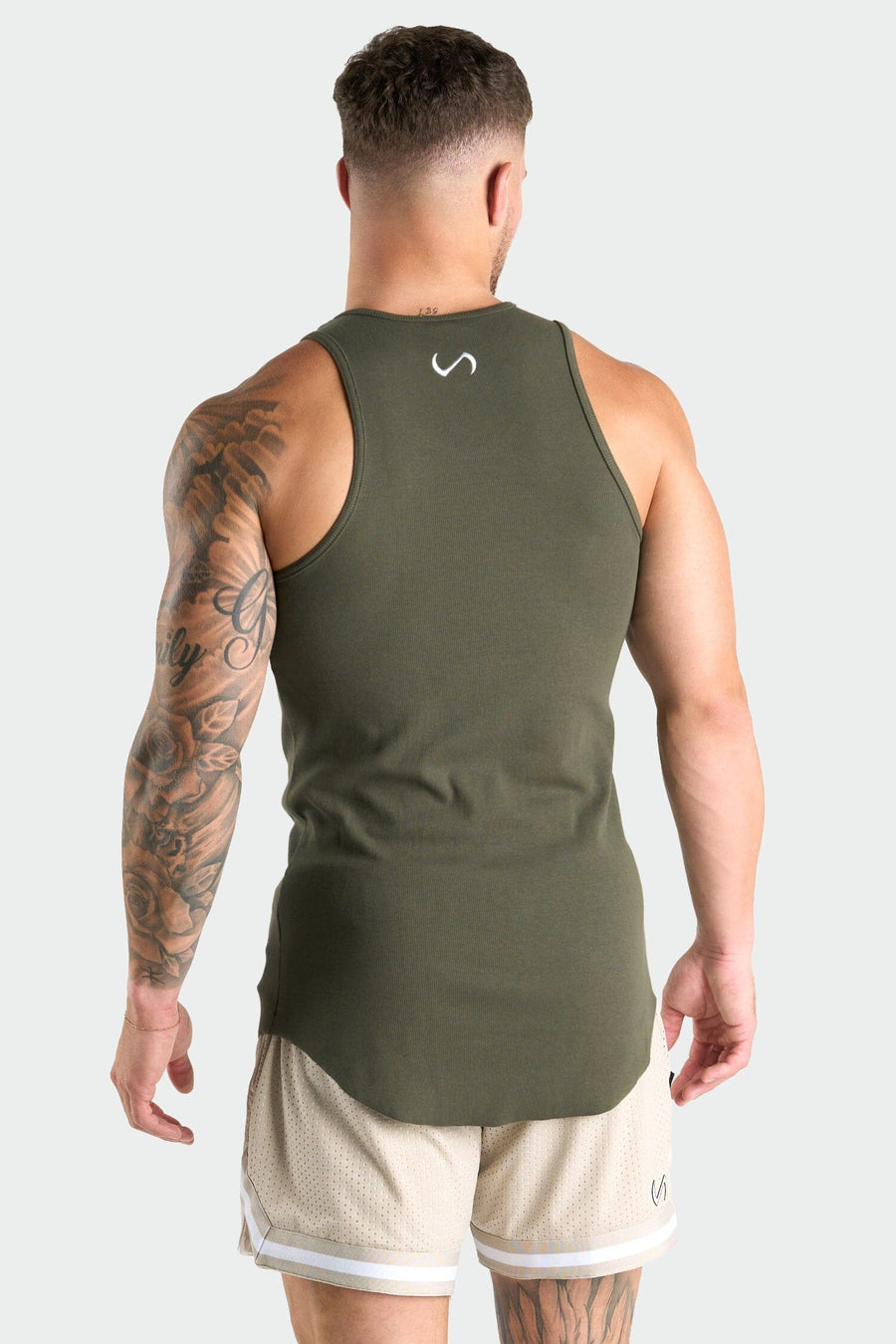 Back View of Army Green Icon Ribbed Relaxed Fit Tank