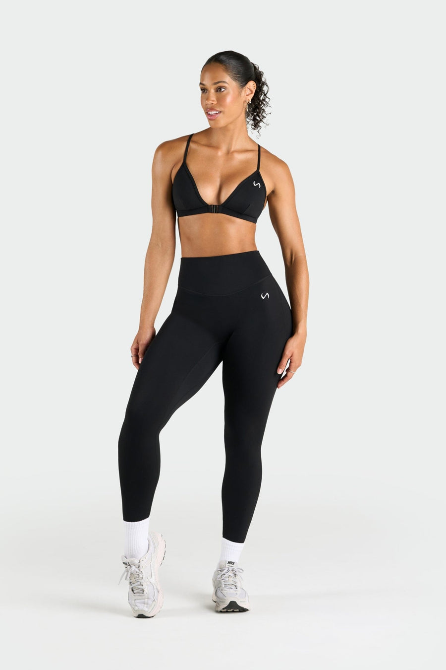 Front View of Black Tempo High Waisted Workout Leggings