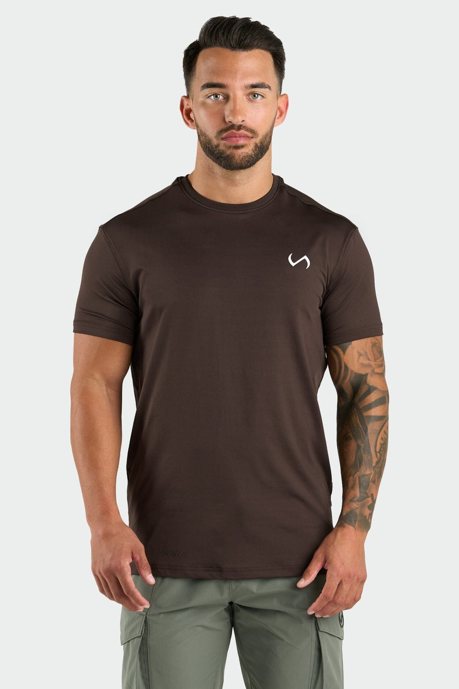 Front View of Dark Oak Train Infi Dry Swole Tee